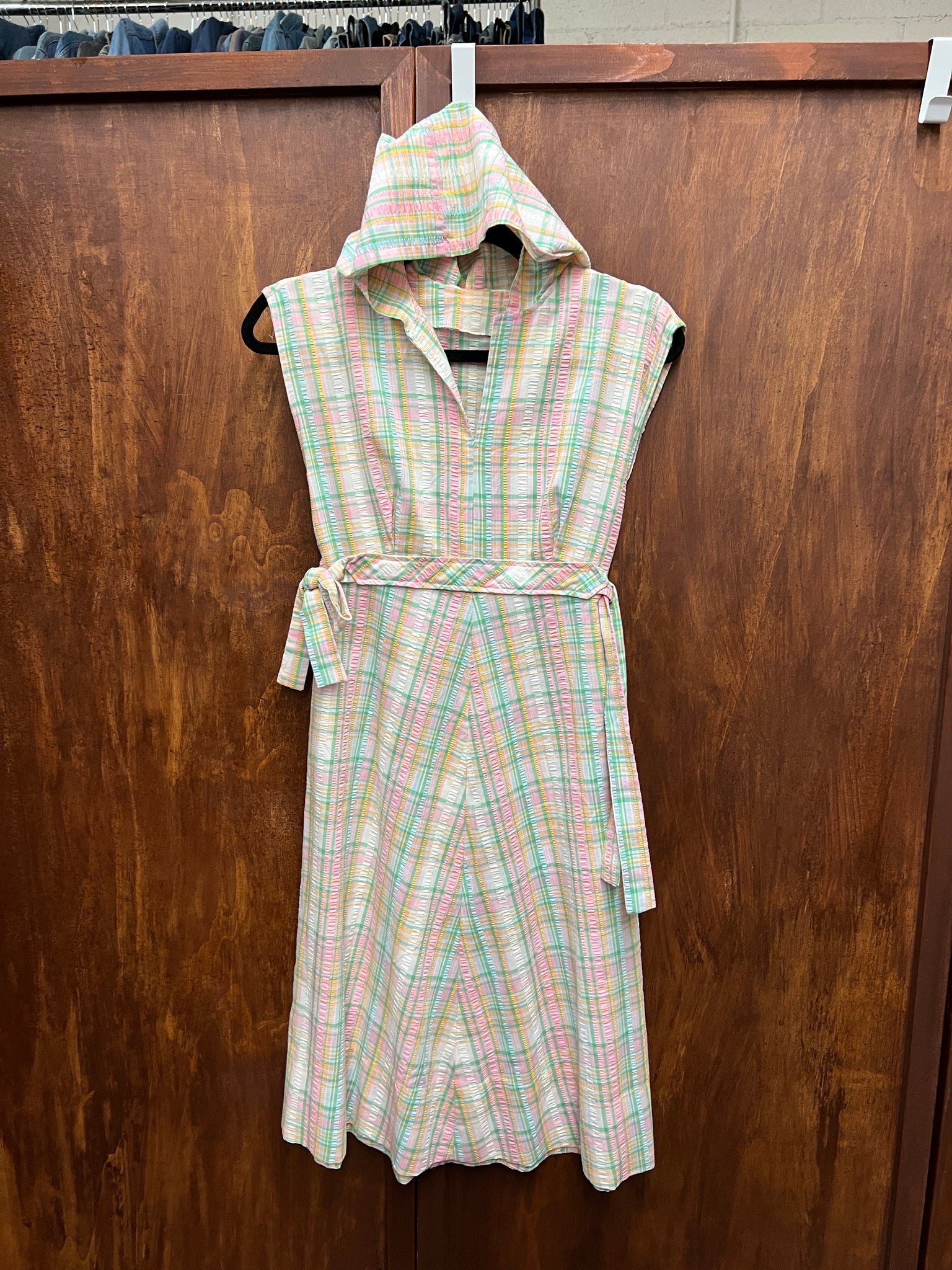 1970s DRESS- pastel plaid hooded dress