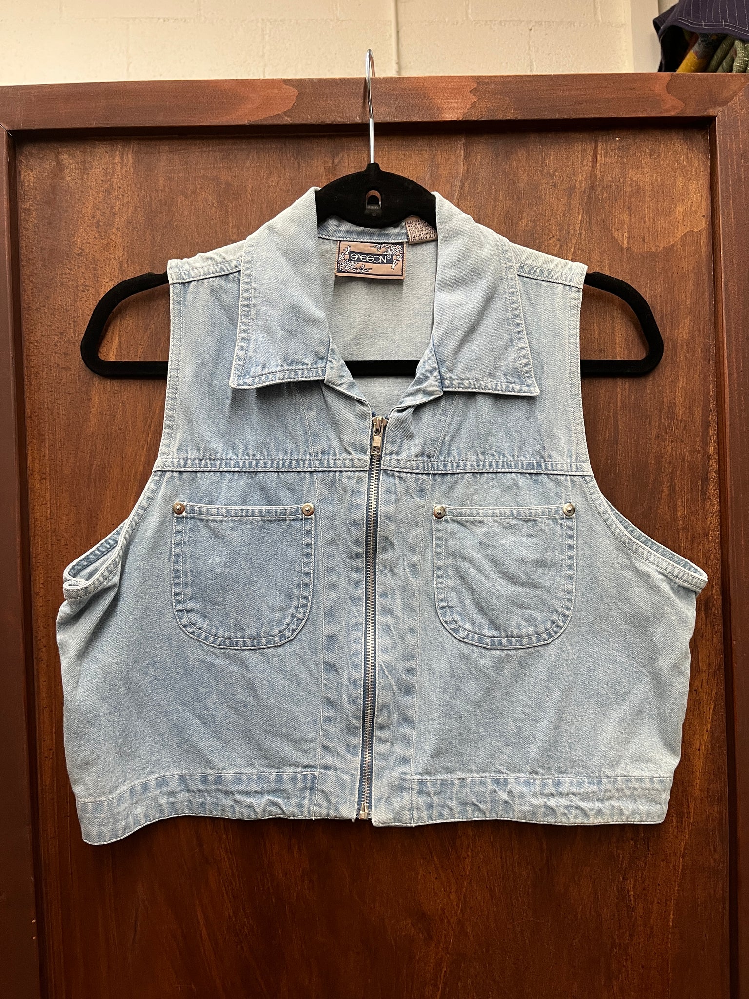 1990s JACKET- DENIM VEST-Sasson zip front crop