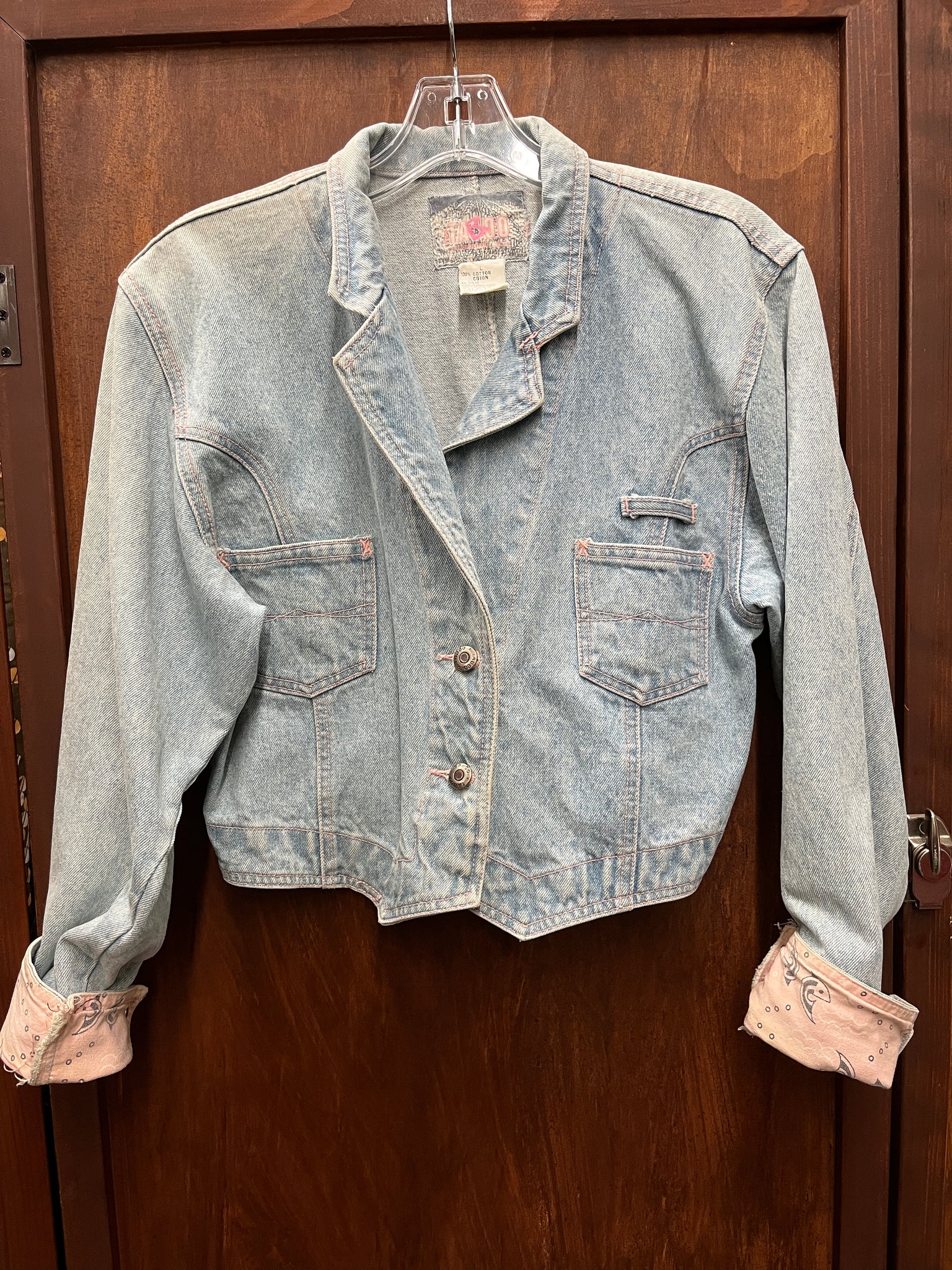 1990s JACKET- DENIM- Taboo light wash crop blazer style pink accents