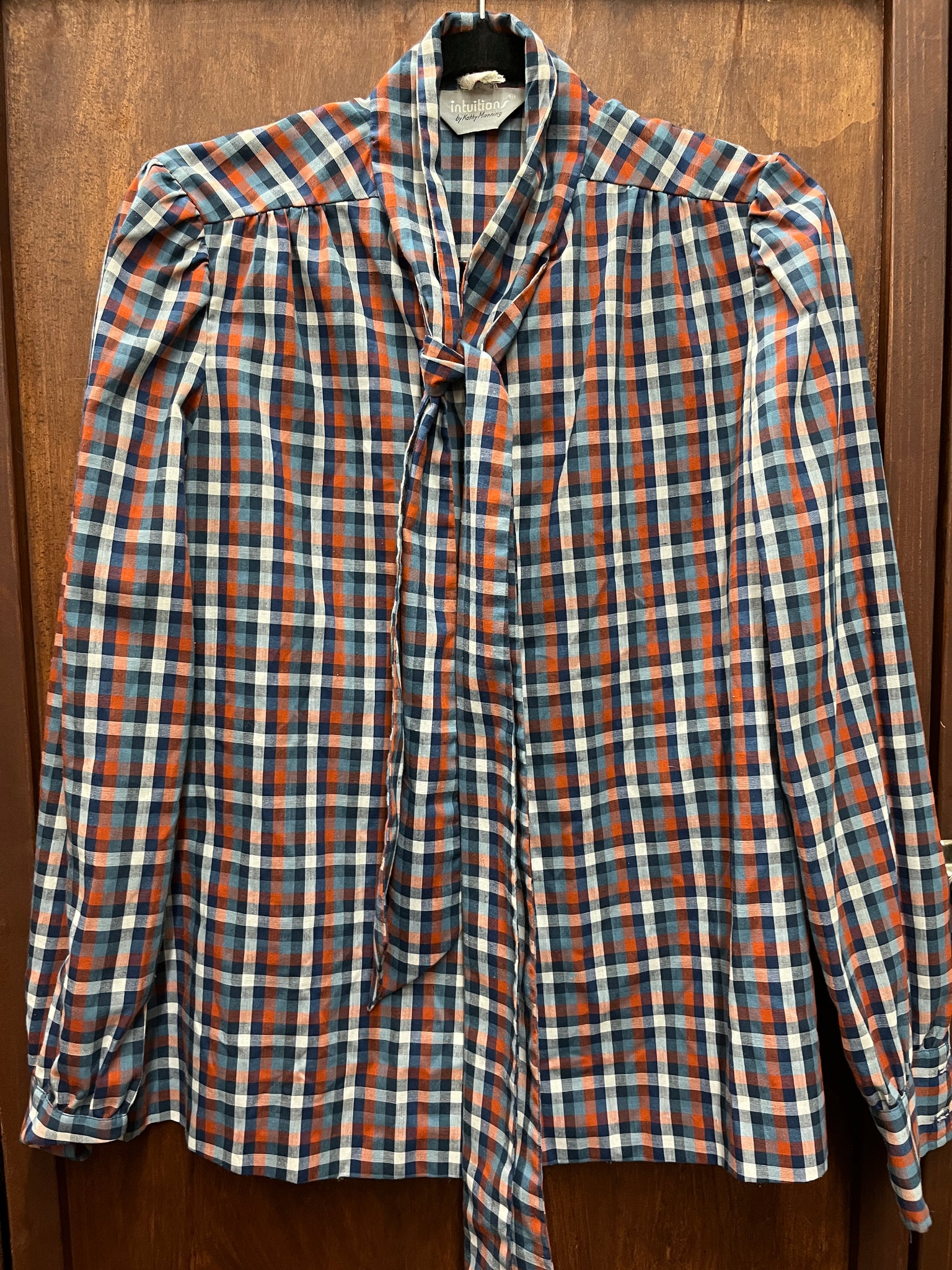 1980s TOP- Intuitions plaid pussy bow l/s