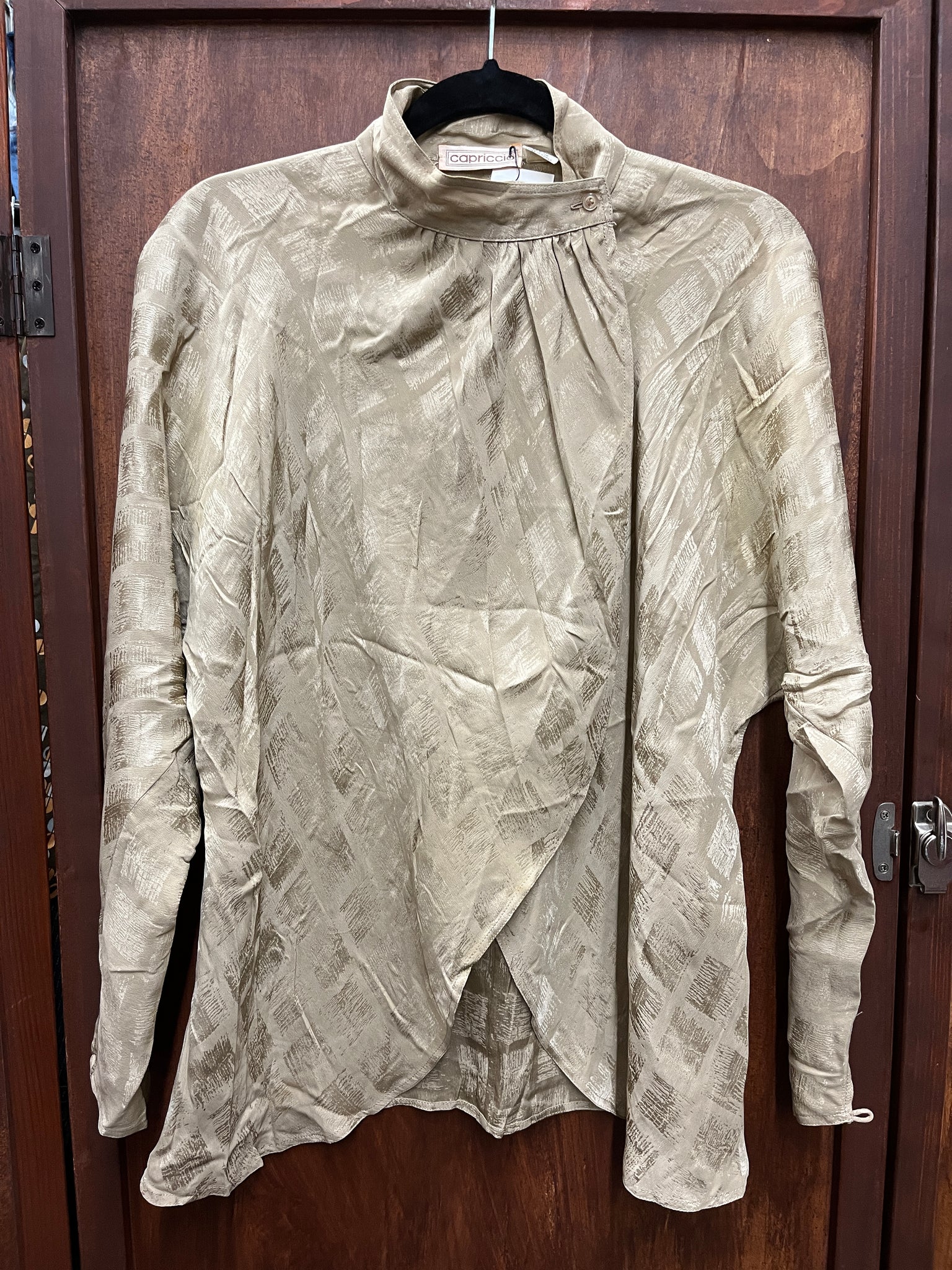 1970s TOP- Capriccio khaki silk jacquard top wrap neck