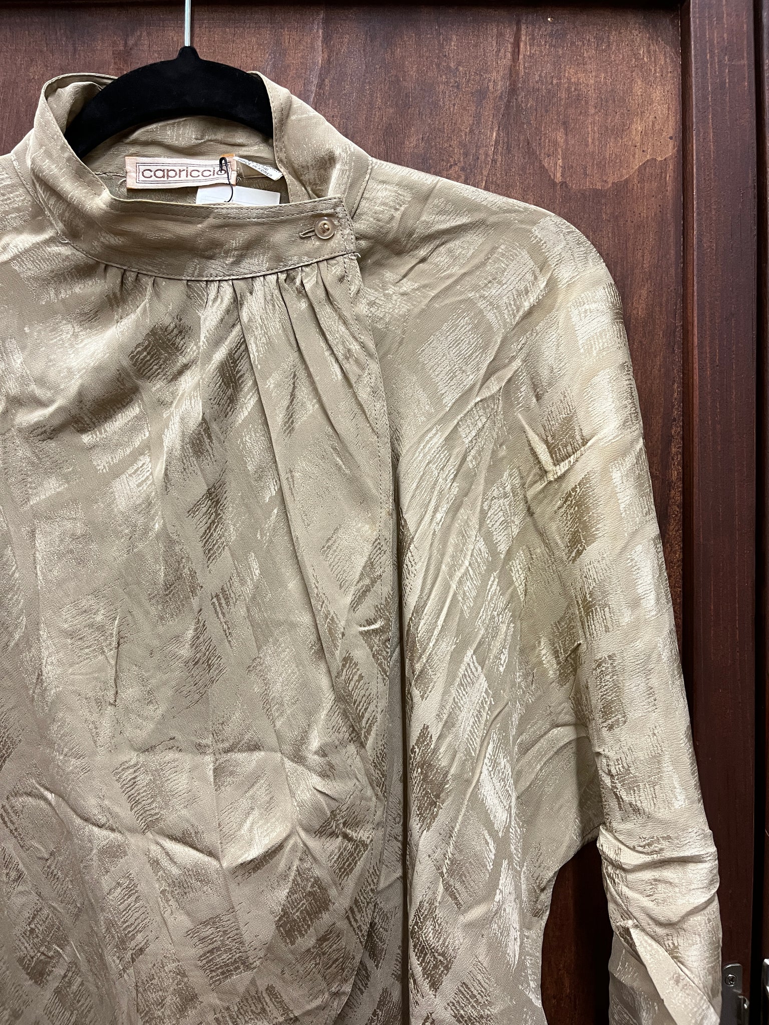 1970s TOP- Capriccio khaki silk jacquard top wrap neck