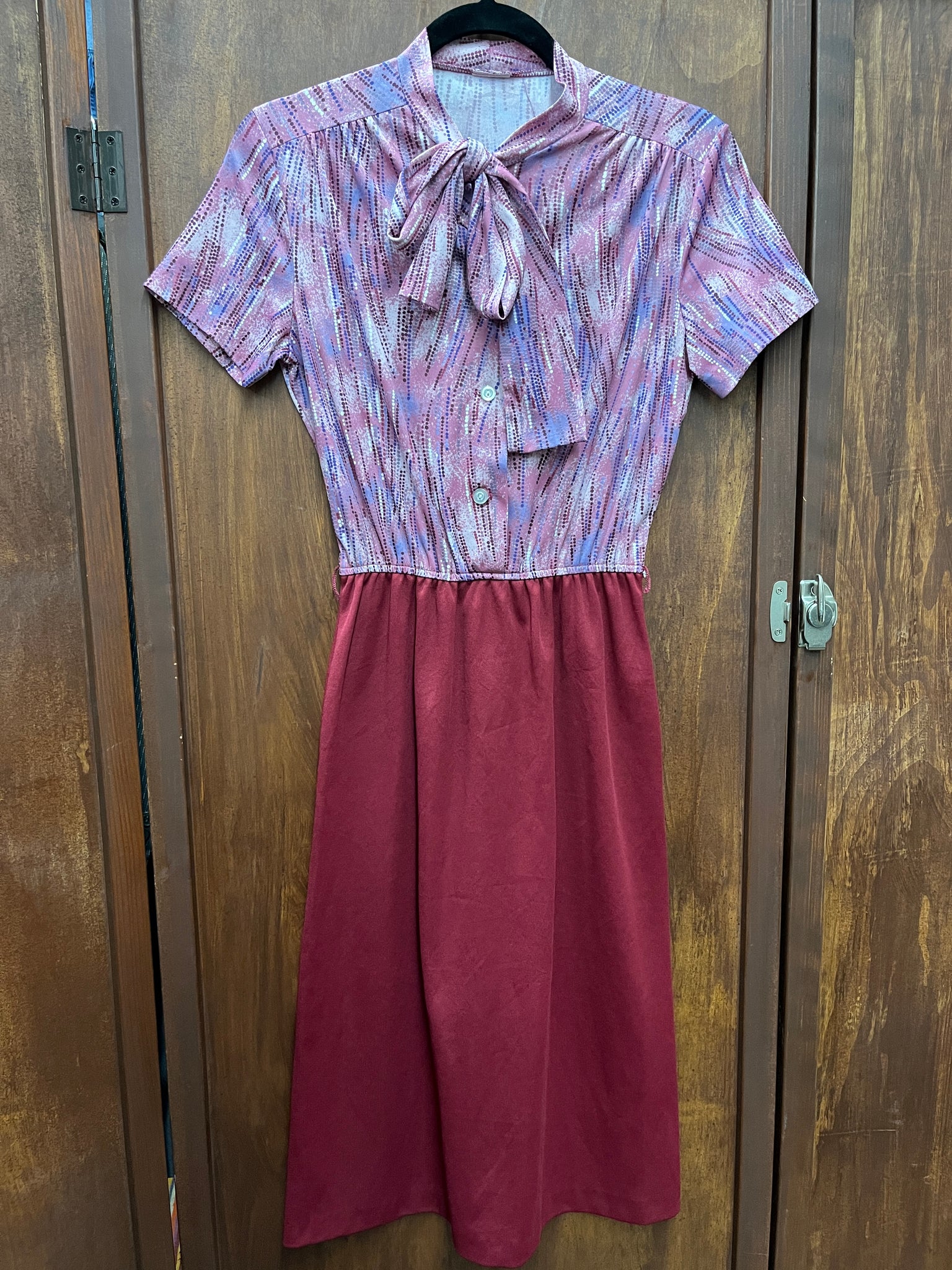 1980s DRESS- purple print pussy bow s/s w/ maroon skirt
