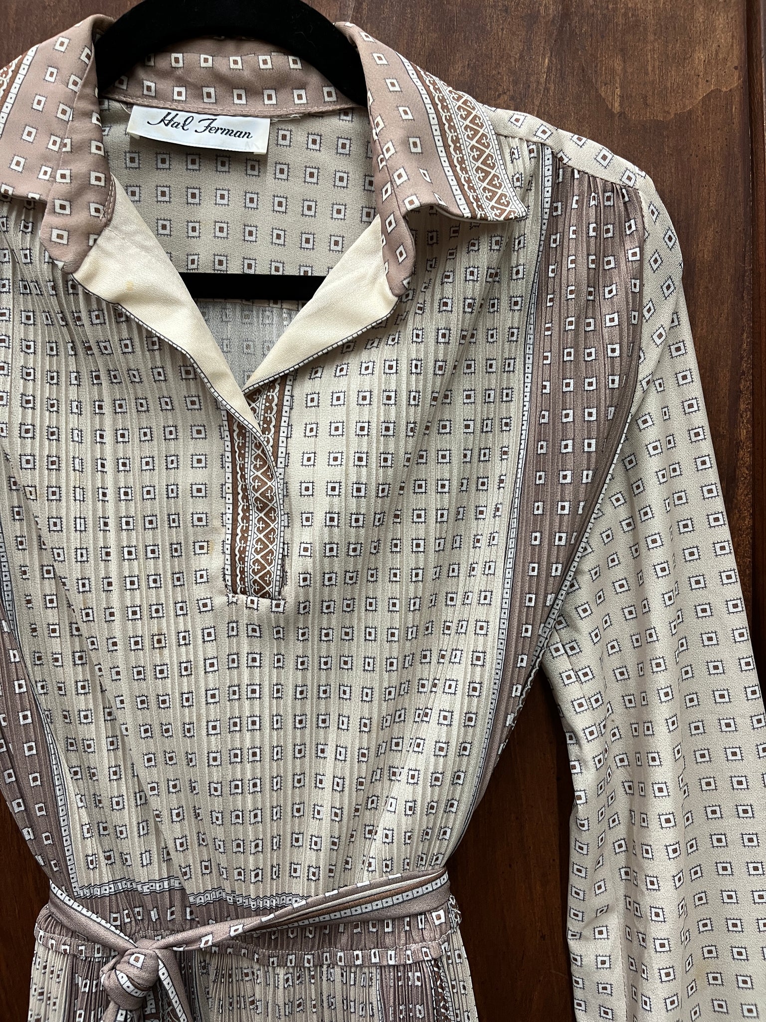 1980s DRESS- Hal Ferman tan square print shirt dress