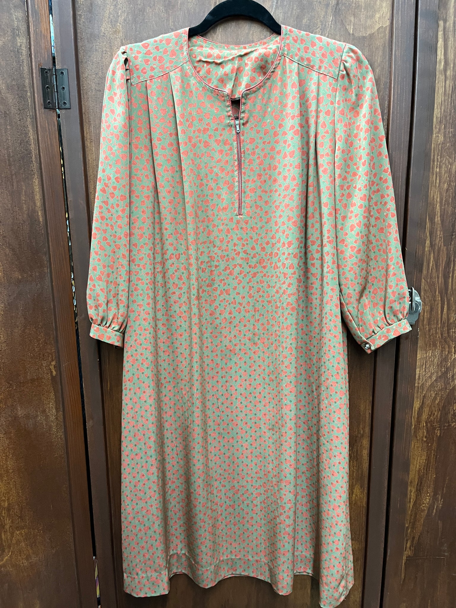 1980s DRESS- orange leaf print house dress zip front (AS IS)