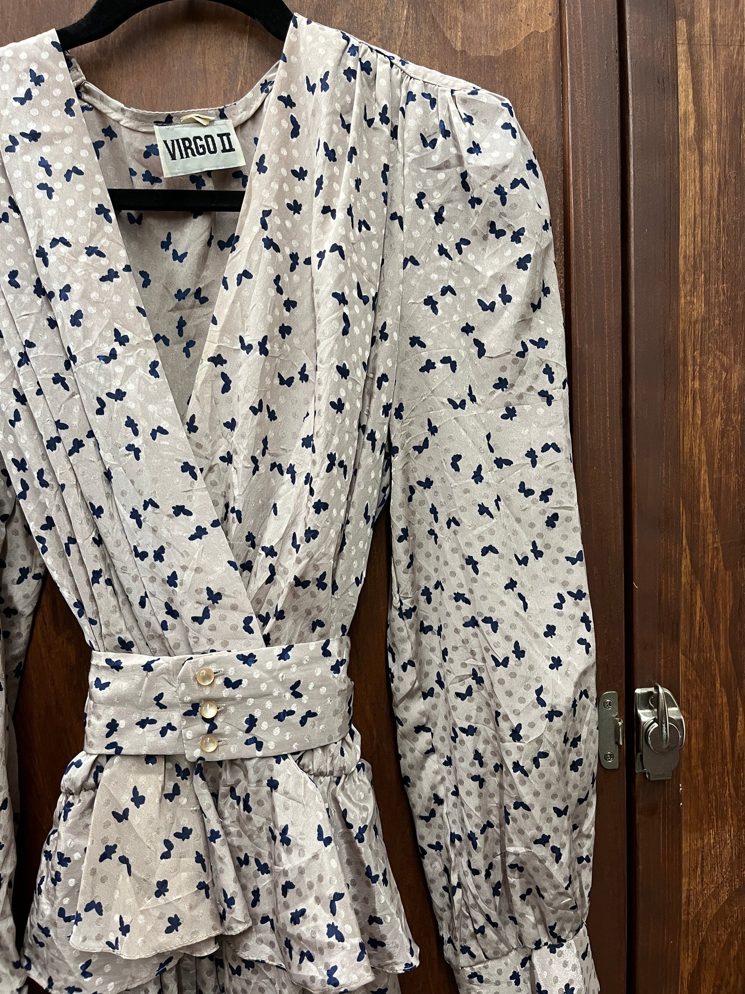 1980s DRESS- Virgo II dove grey bird print w/ peplum & belt