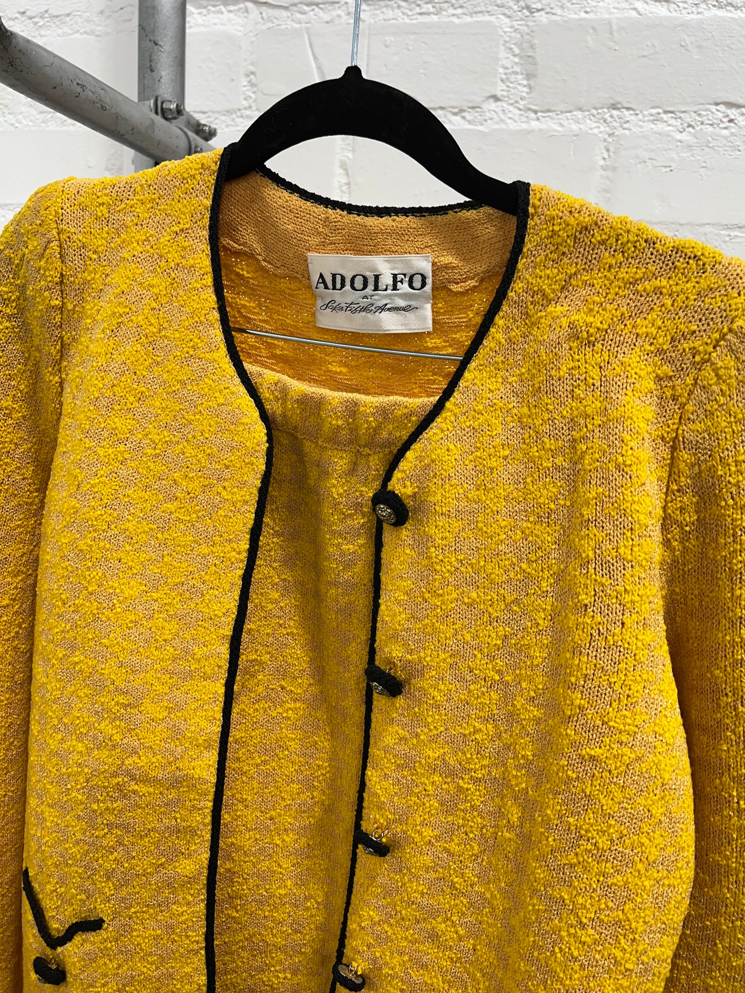 1990's 2 PIECE- SKIRT SUIT- Adolfo Yellow houndstooth knit