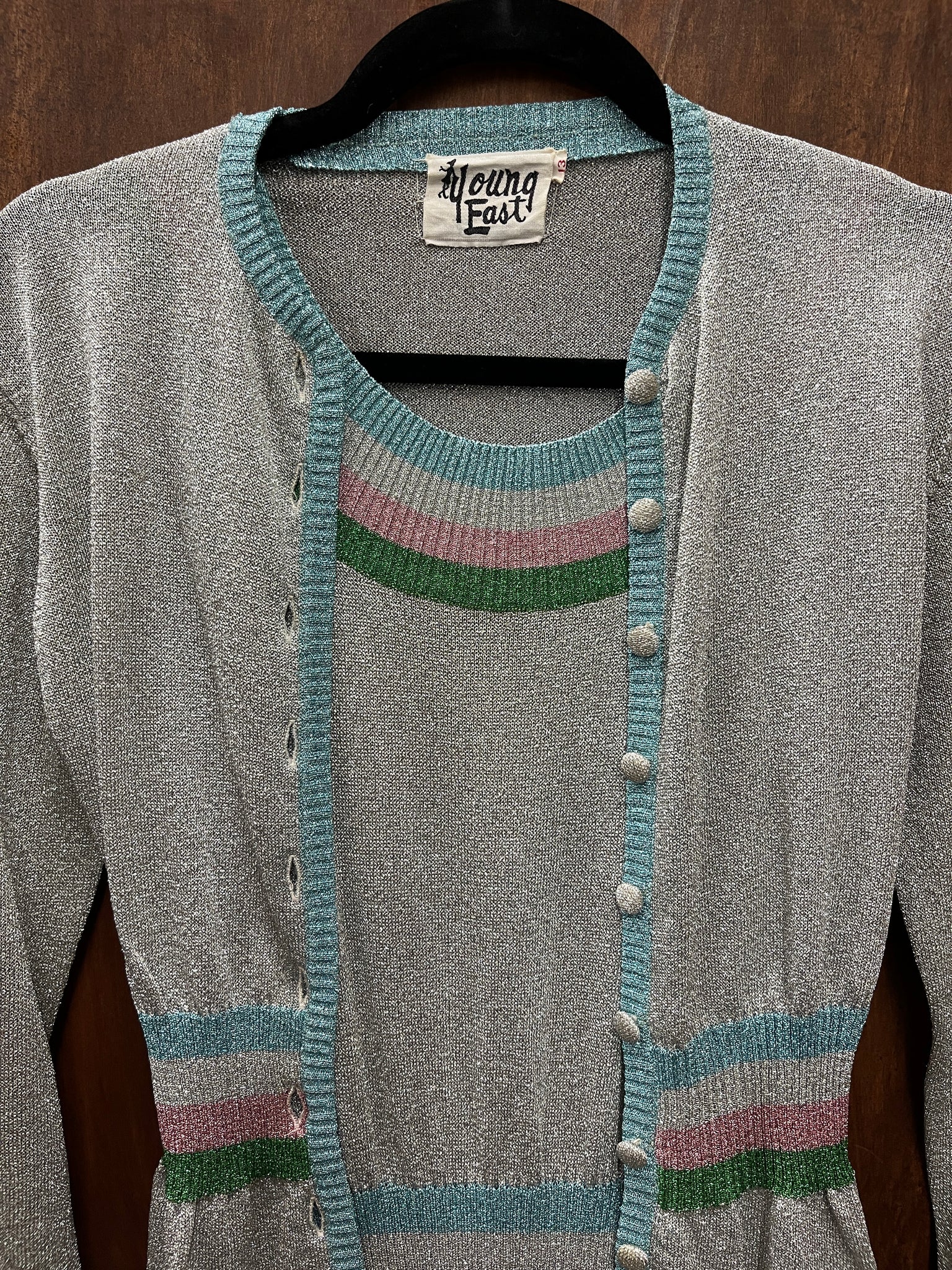 1970s 2 PIECE- DRESS SET-Young East silver lurex knit maxi dress & sweater