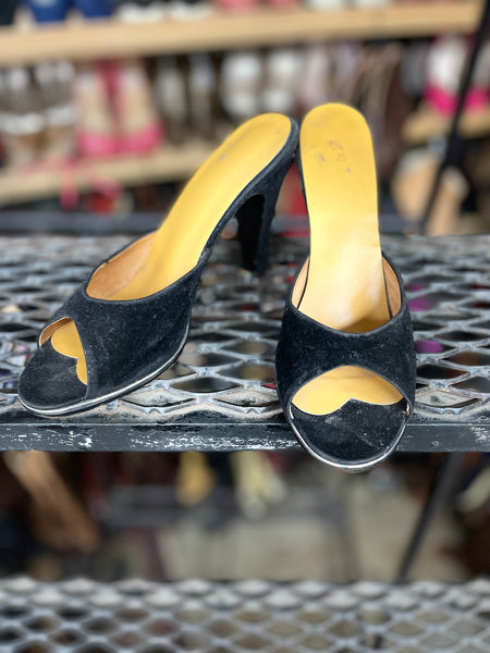 1960s SHOES- Black suede mules w/ silver detail