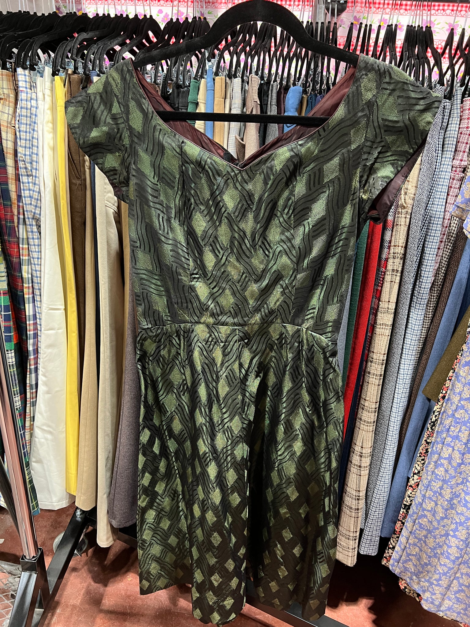 1950s DRESS- black/green fit & flare