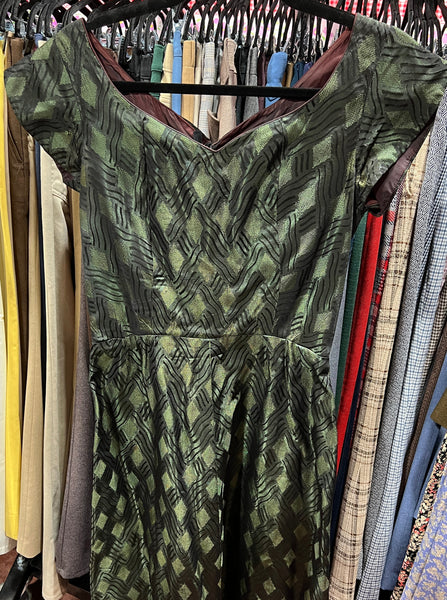 1950s DRESS- black/green fit & flare
