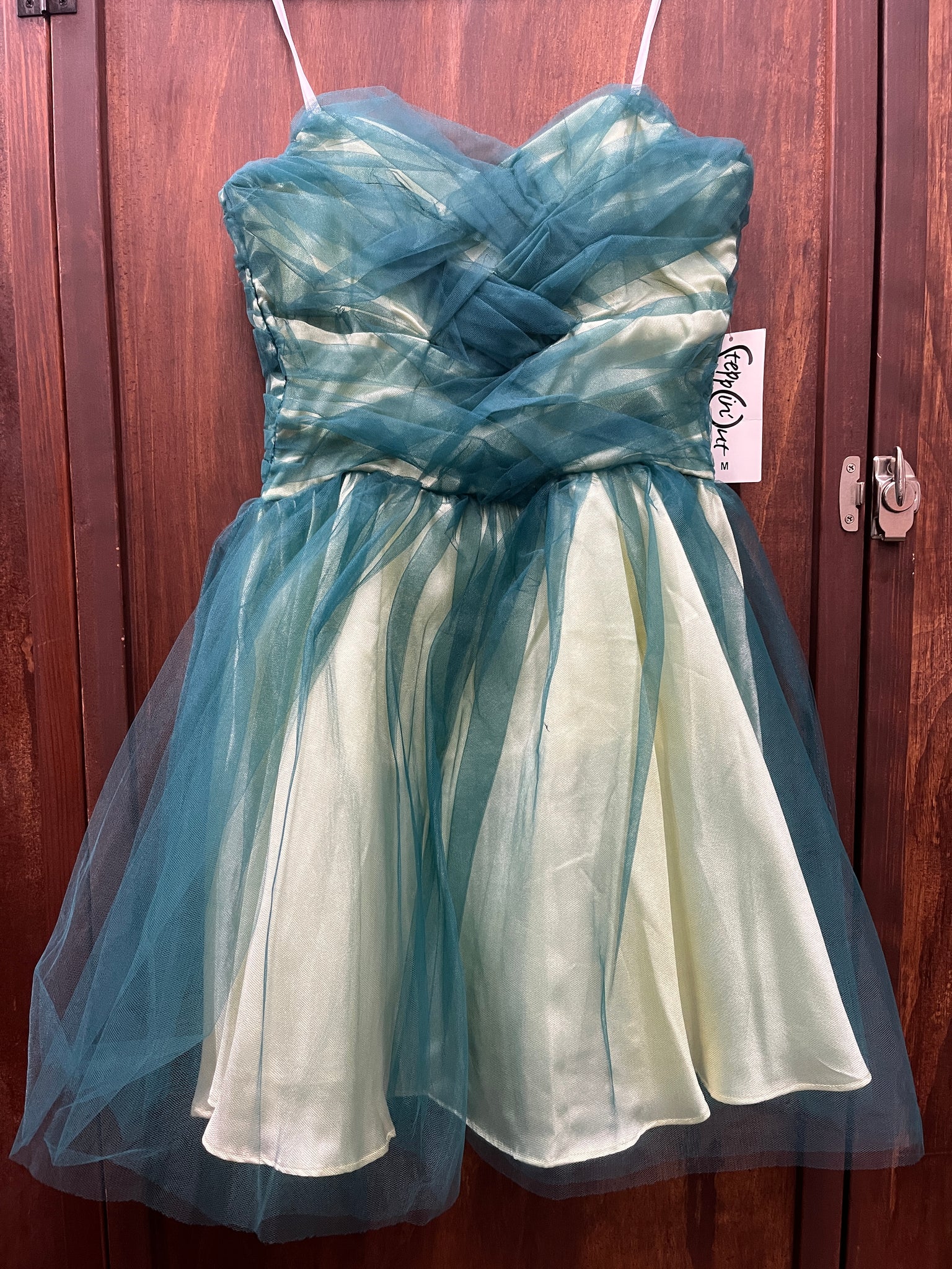 1980s DRESS- Steppin' Out teal green tulle PROM
