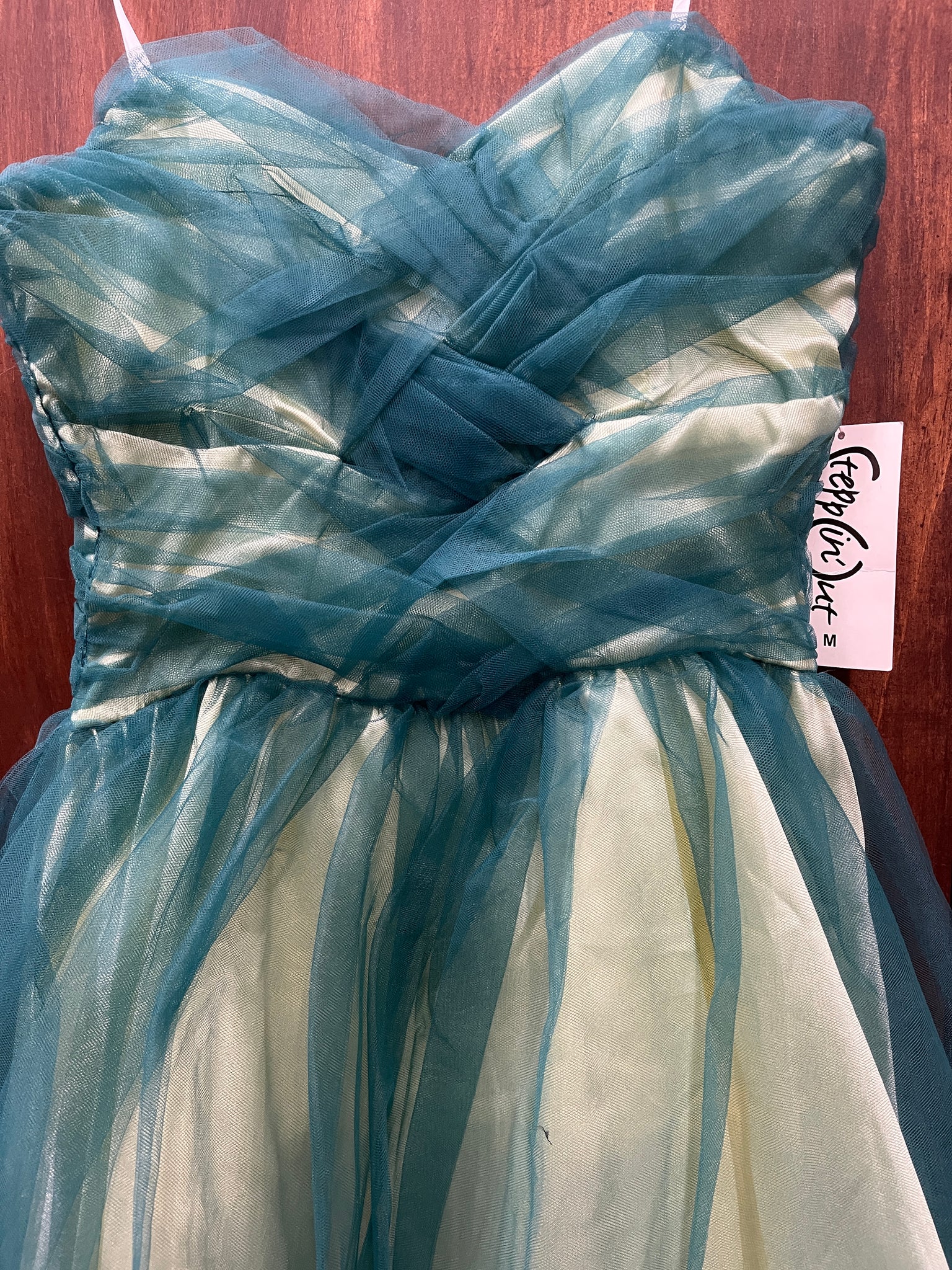 1980s DRESS- Steppin' Out teal green tulle PROM