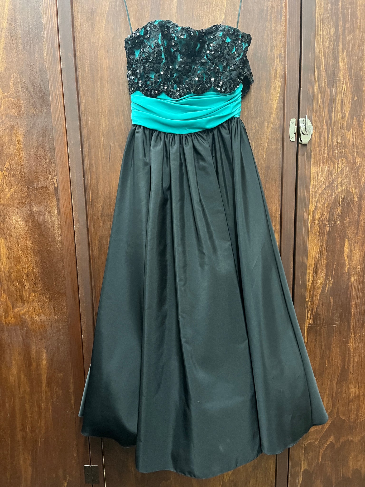 1980s DRESS- Mike Benet Formals black sequin green PROM