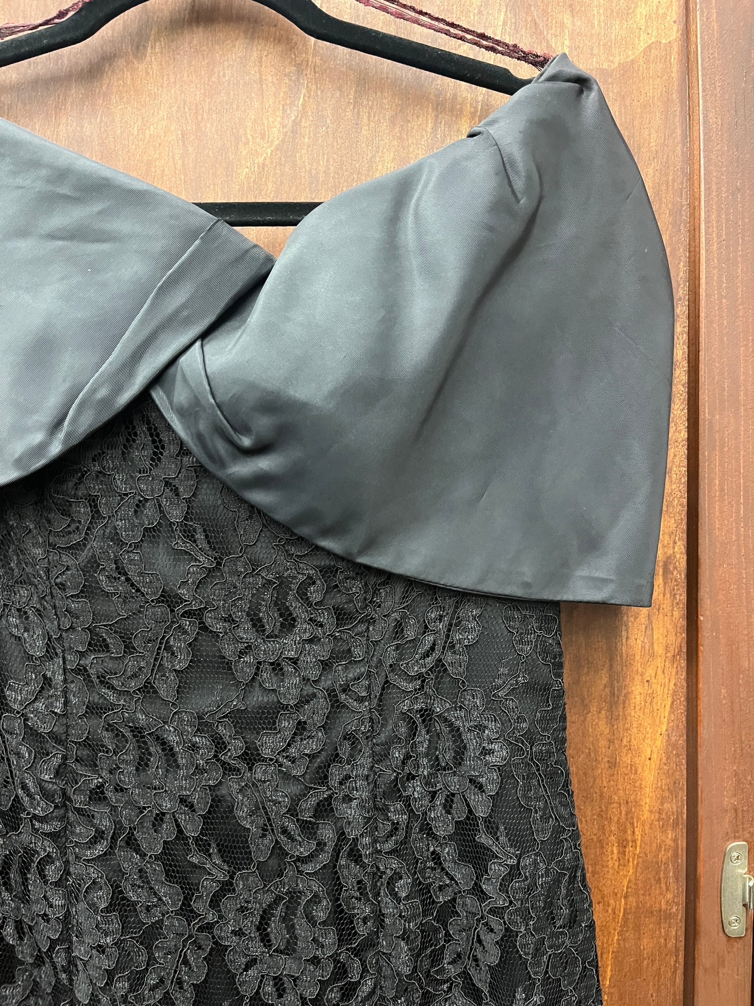 1990s DRESS-Degre-black lace pencil dress satin off shoulder PROM