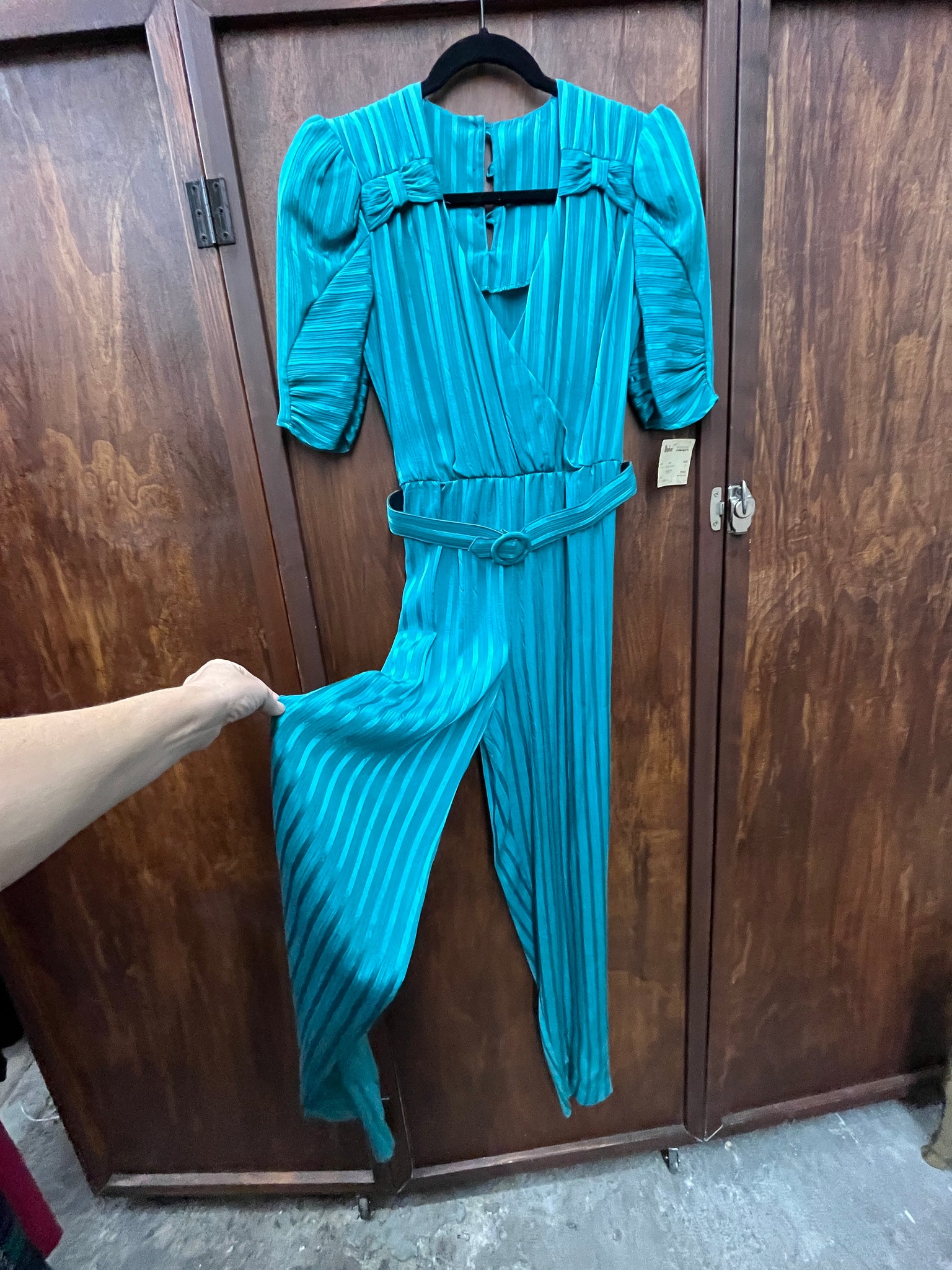 1980s DRESS-Jumpsuit-Ala Carte- teal striped