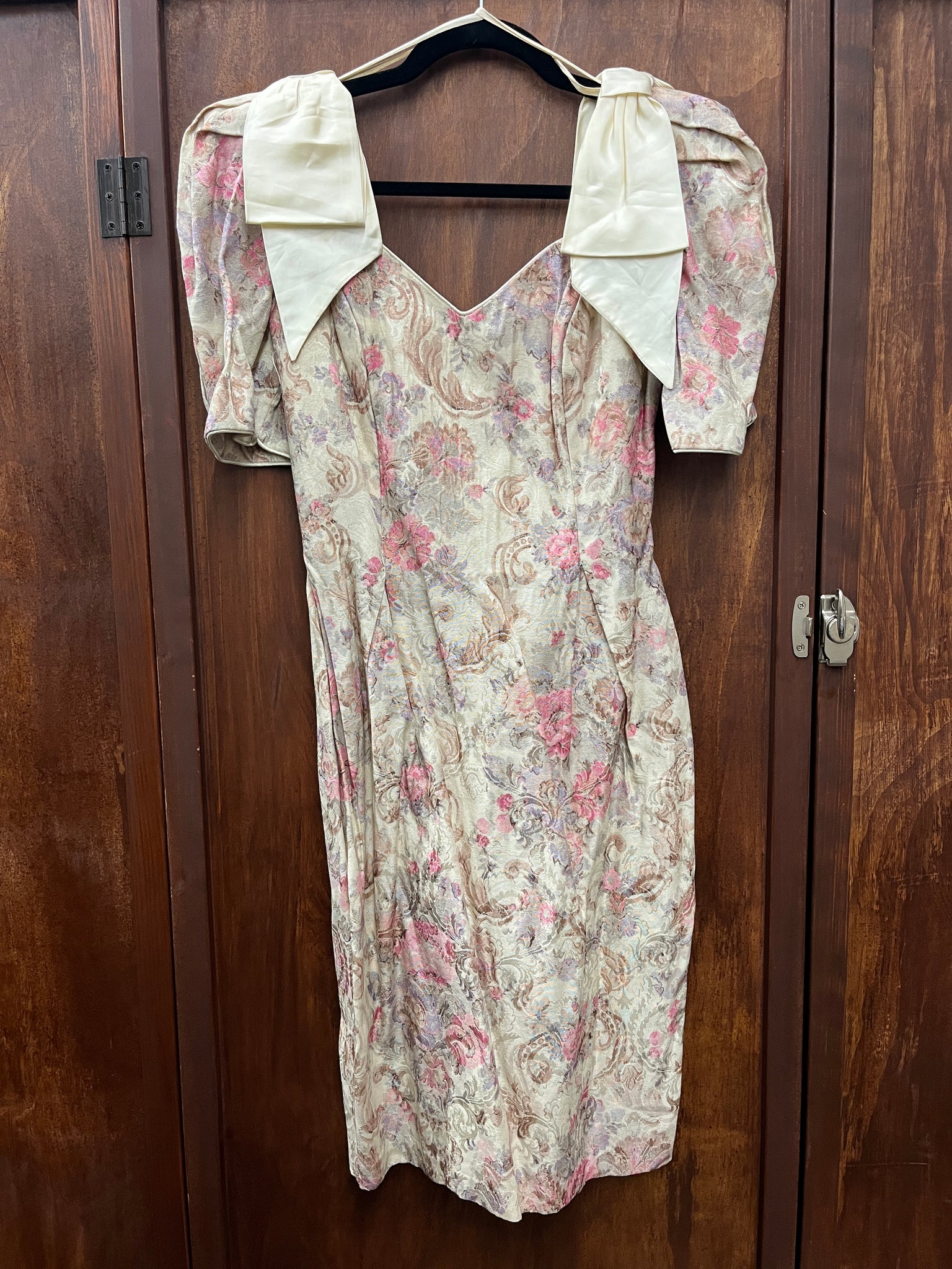 1990s DRESS-Midnight Glo- cream pink tapestry floral shoulder bows PROM