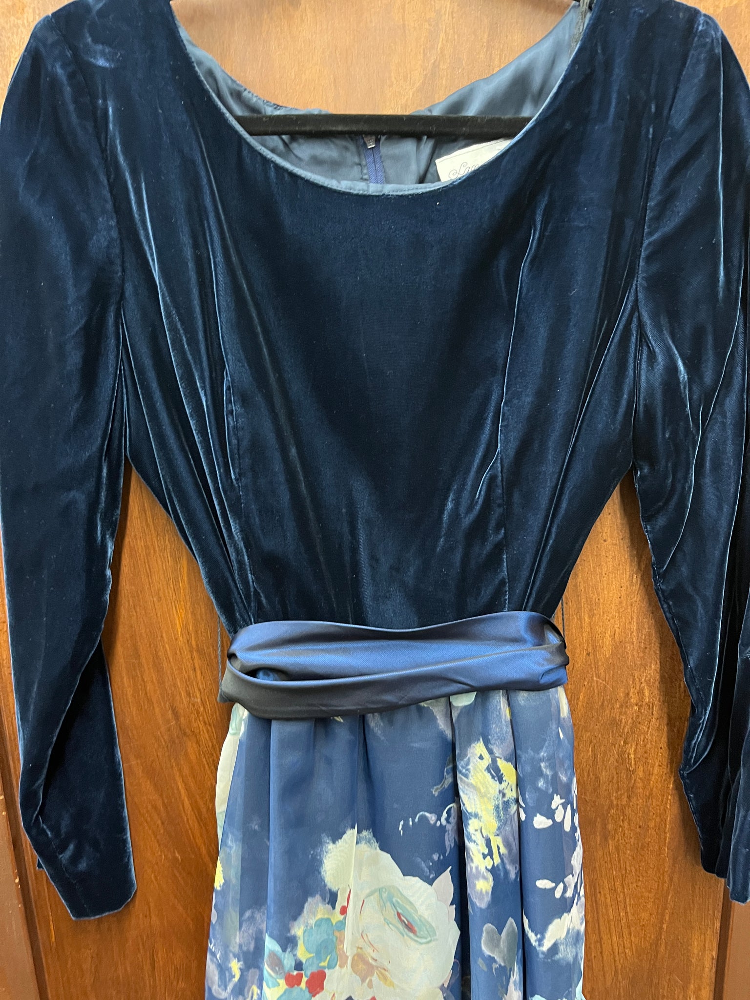 1990s DRESS- Lanz Petites- blue velvet with floral skirt PROM