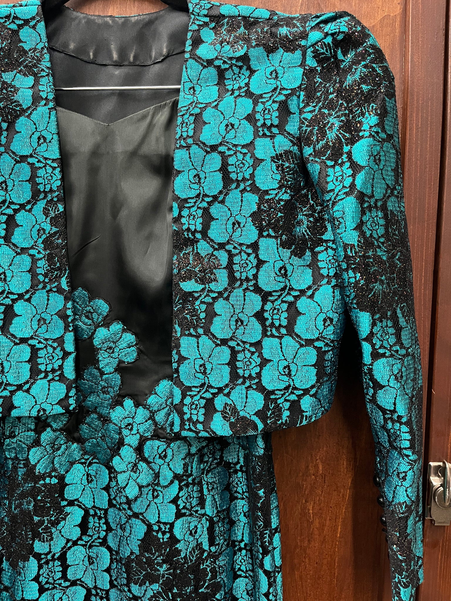 1990s DRESS- strapless teal and black floral satin glitter with shrug PROM