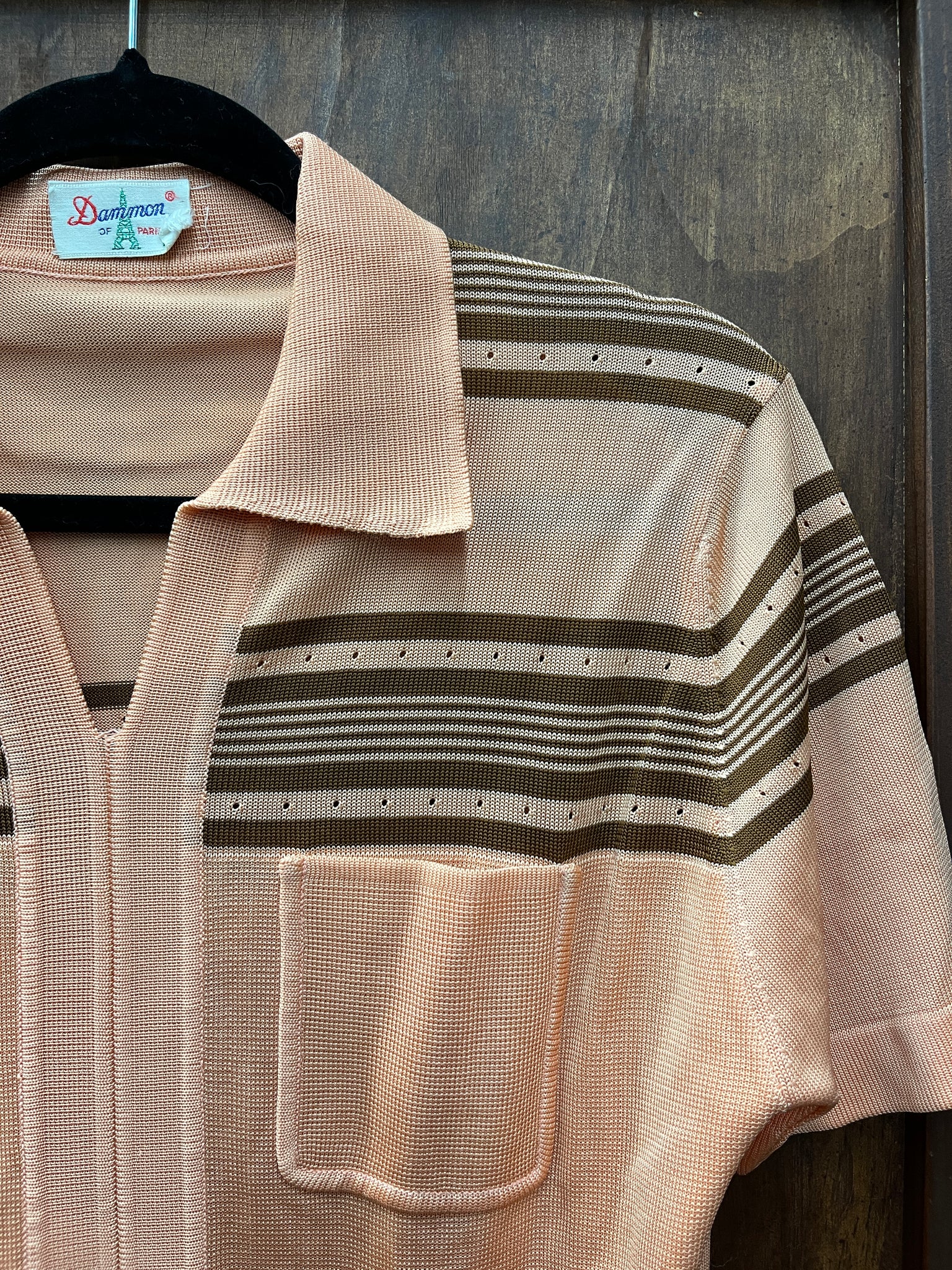 1960s MENS TOP-Dammon of Paris-creamsicle brown stripe nylon