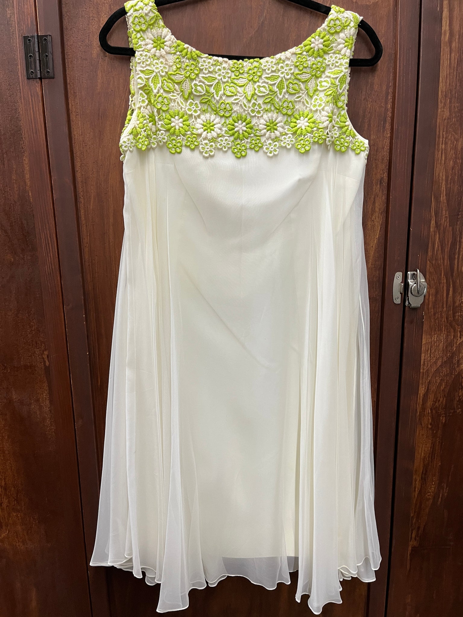 1960S DRESS- cream chiffon dress w/ green embroidered detail