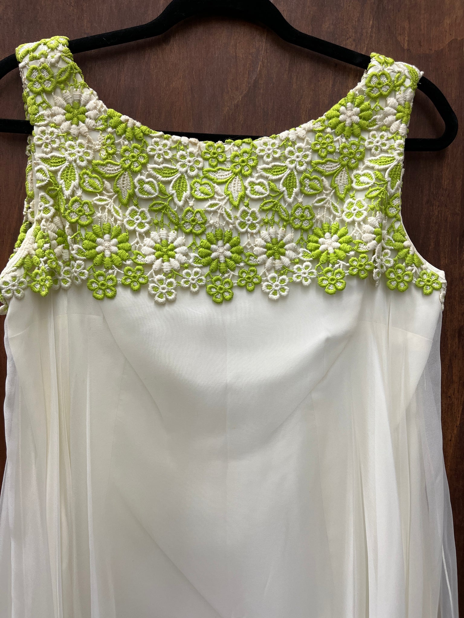 1960S DRESS- cream chiffon dress w/ green embroidered detail