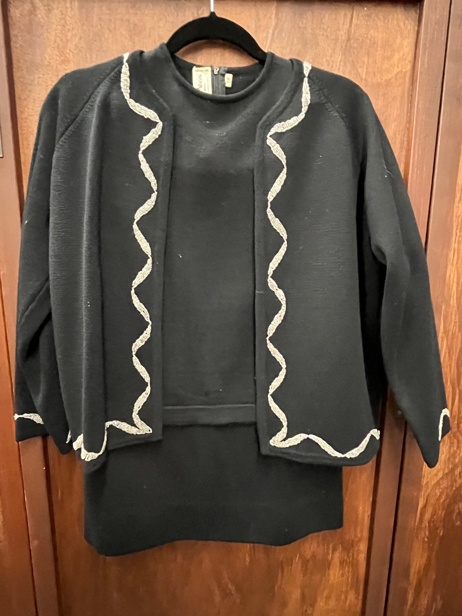 1960S 3 PIECE- sweater skirt set- Mario Puricini black knit w/ beading