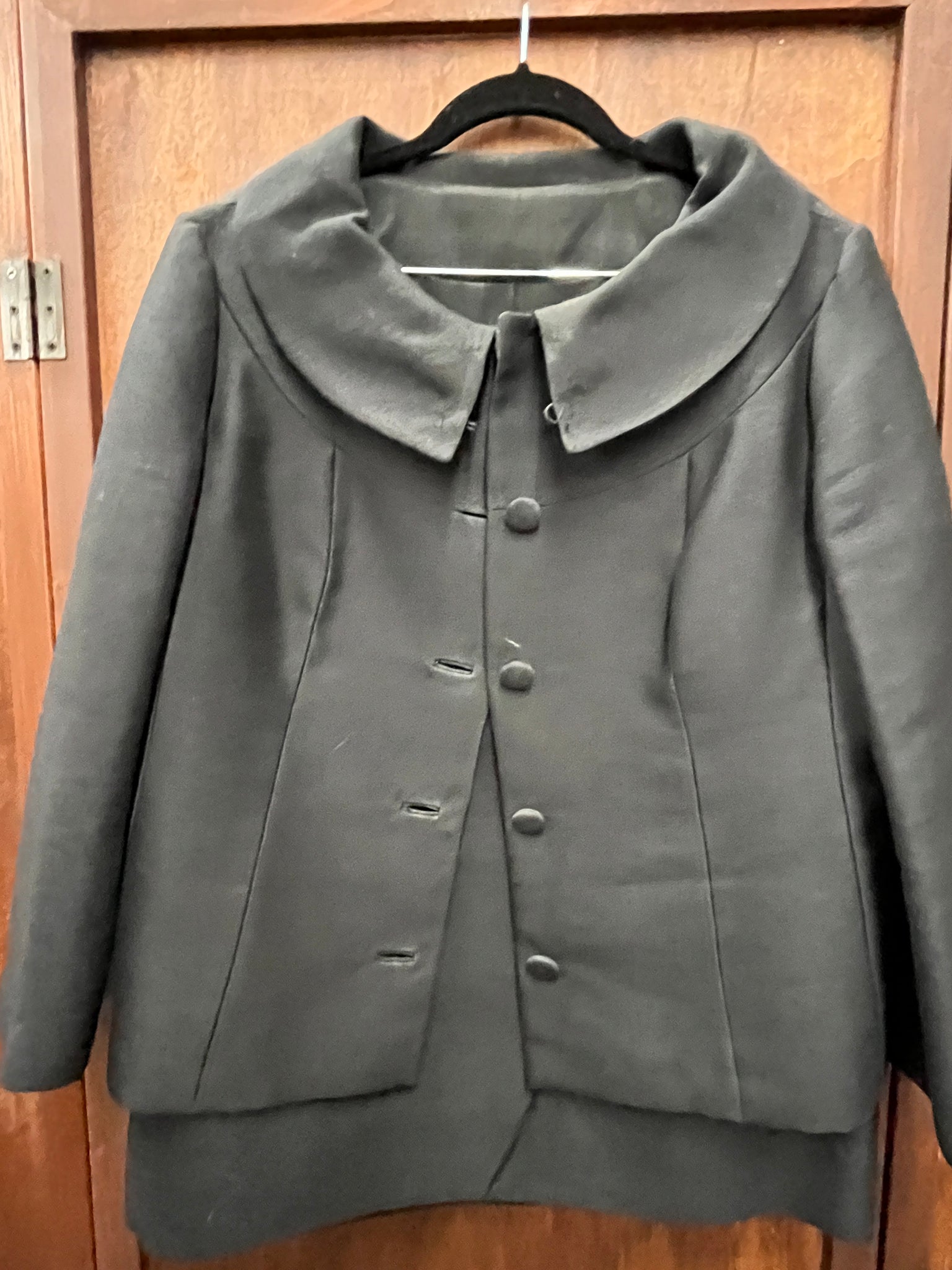 1960S 2 PIECE- skirt suit-black sateen wool w/ puritan collar jacket