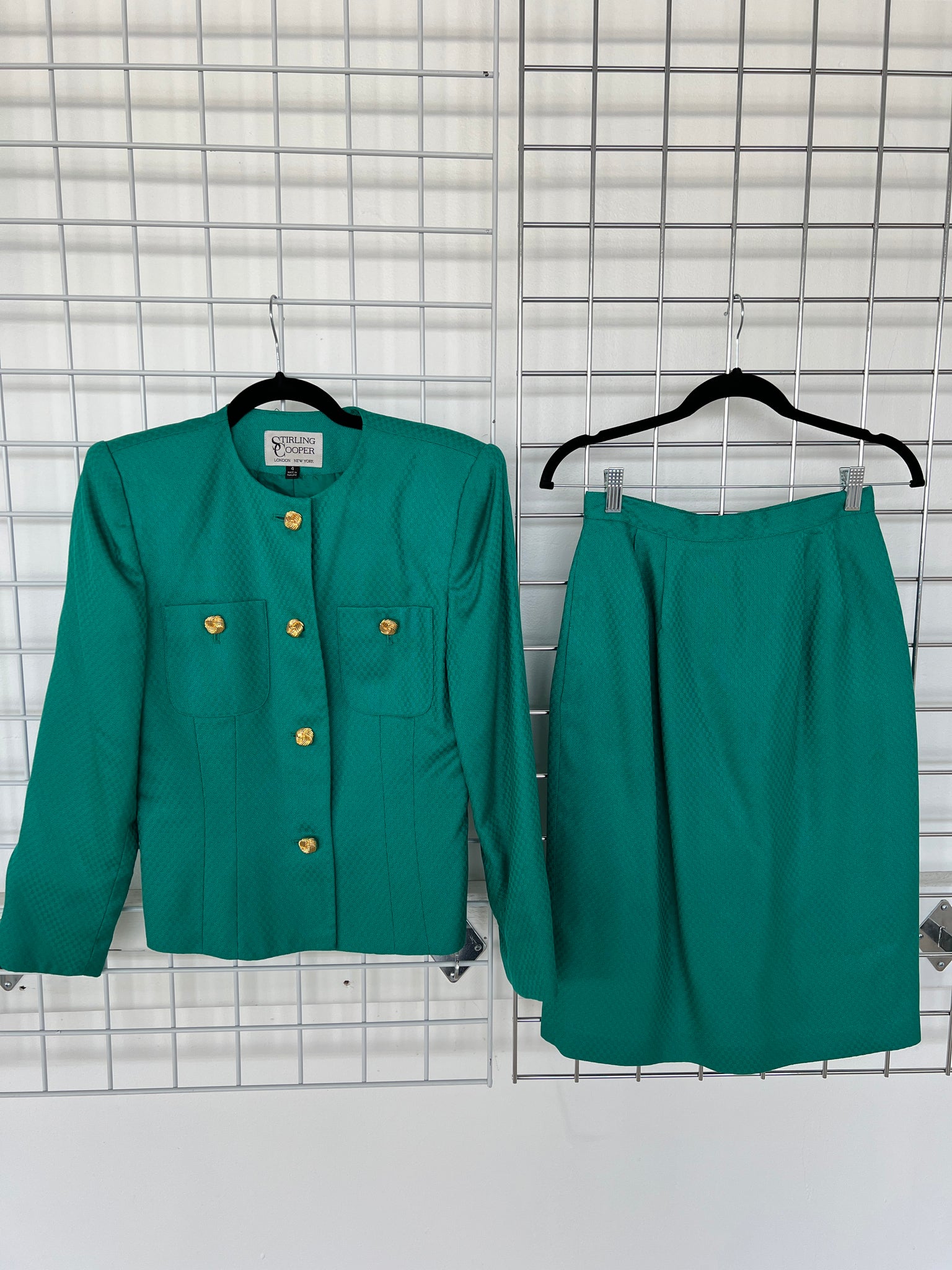 1990's 2 PIECE- SKIRT SUIT- Sterling cooper teal w/ gold buttons