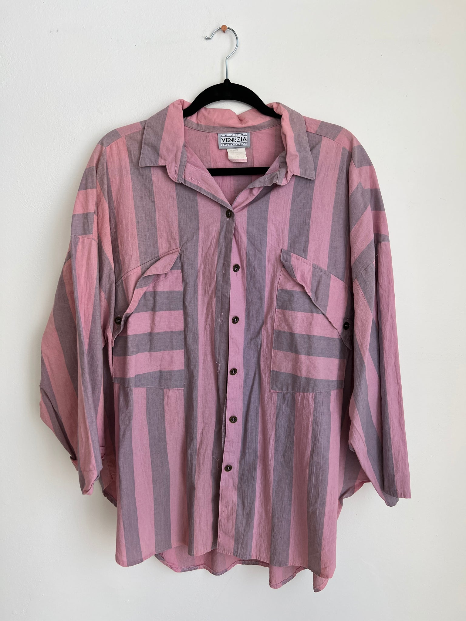 1980s TOP- Venezia oversized grey/pink stripe