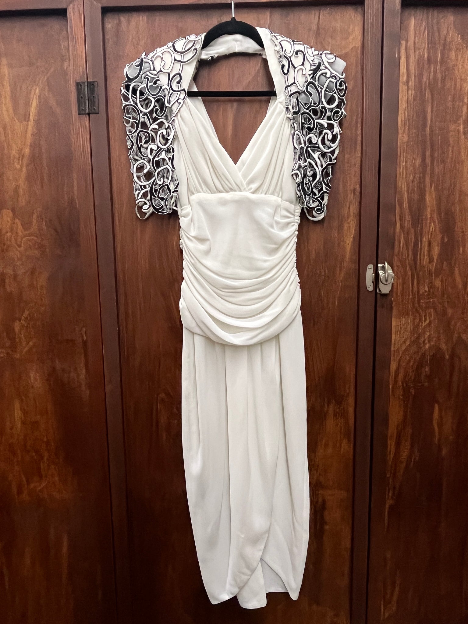 1980s DRESS- Casadei white ruched dress with embroidery sleeves