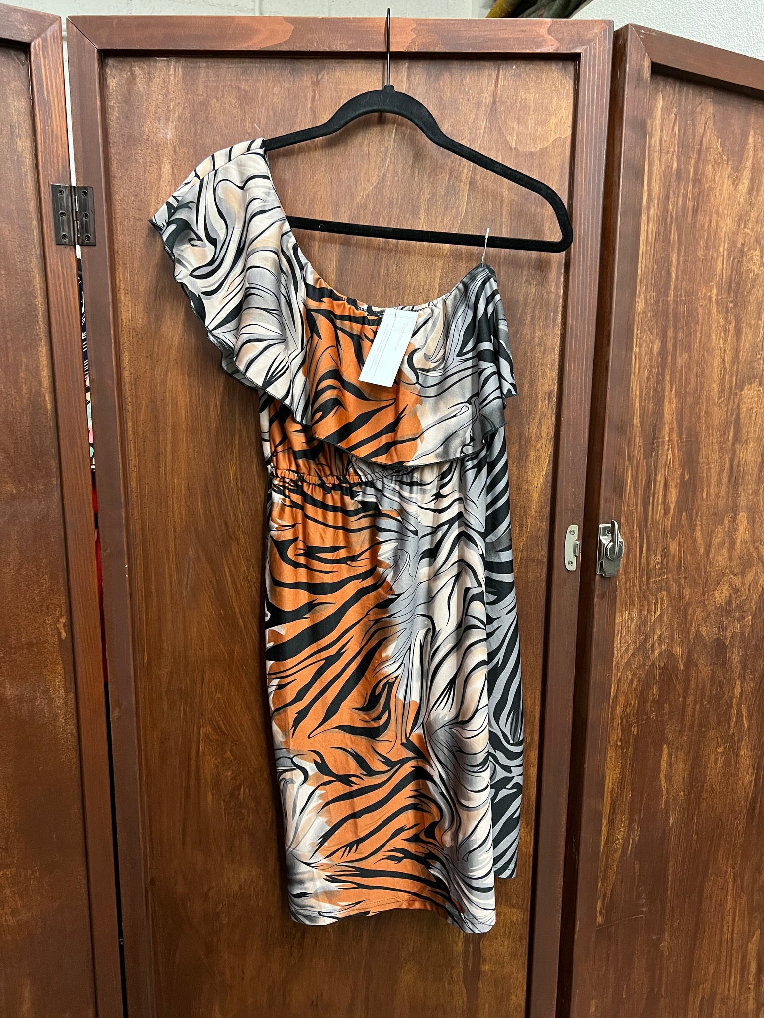 RENTAL 1980s one shoulder Tiger Print Dress REPLACE $325