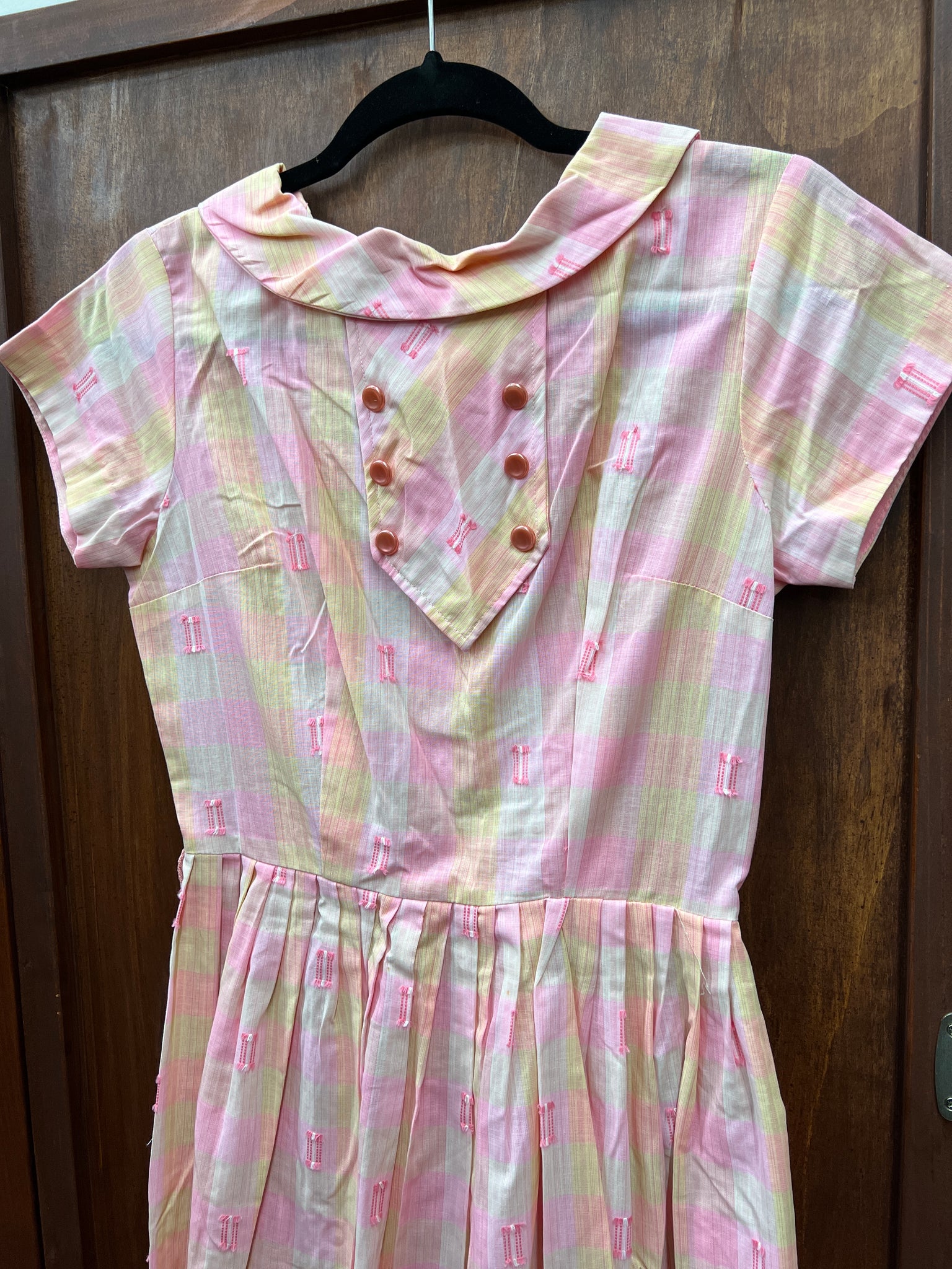1940s DRESS- pink cotton check w/ buttoned collar detail