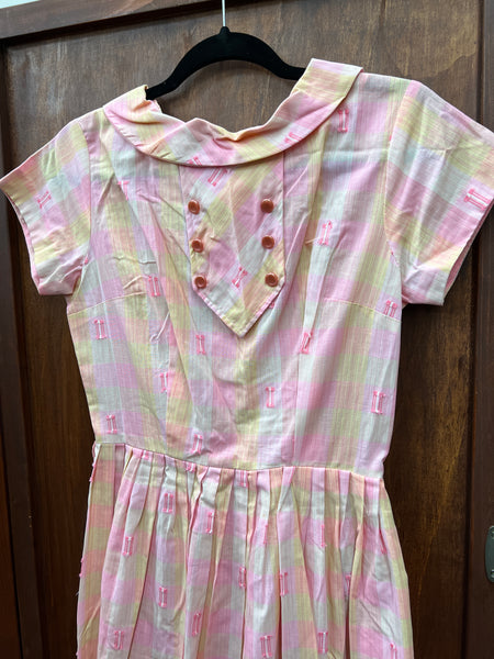 1940s DRESS- pink cotton check w/ buttoned collar detail