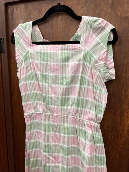 1940s DRESS- pink & green checks & stripes (as is)