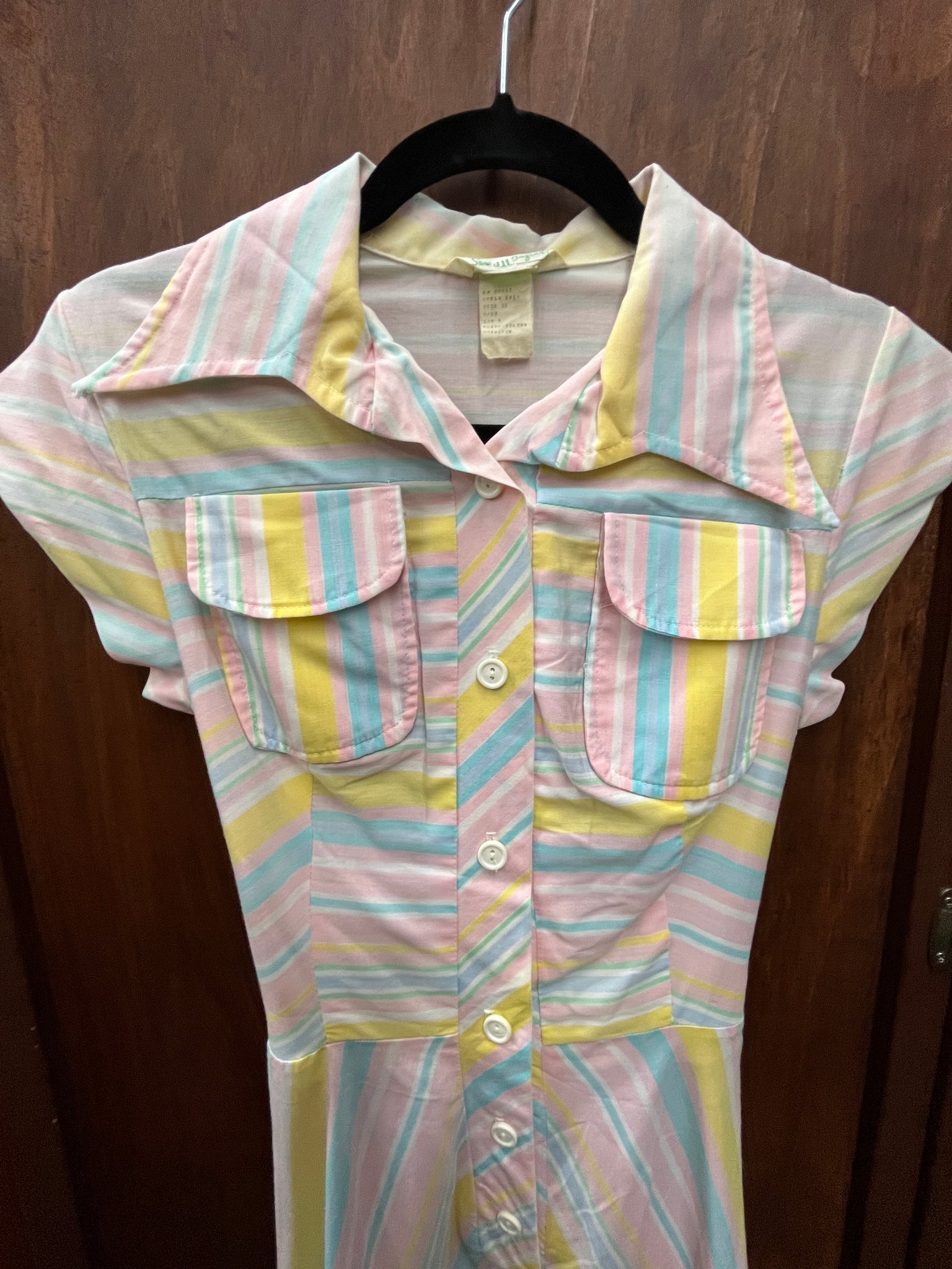 1970s DRESS- Seears JR pastel striped cotton w/ dagger collar