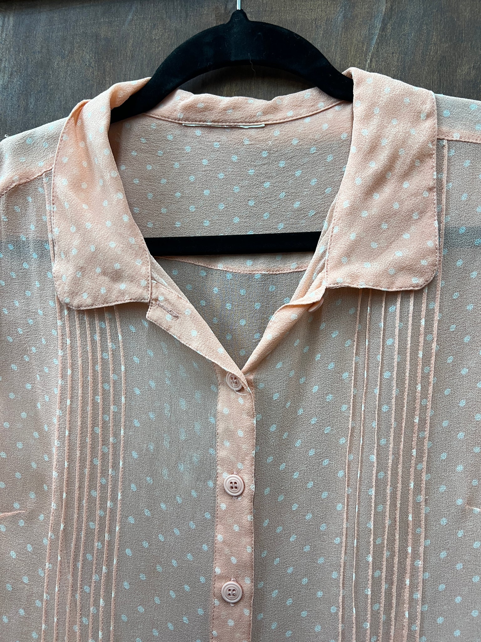 1990s TOPS- sheer peach polka dot s/s blouse