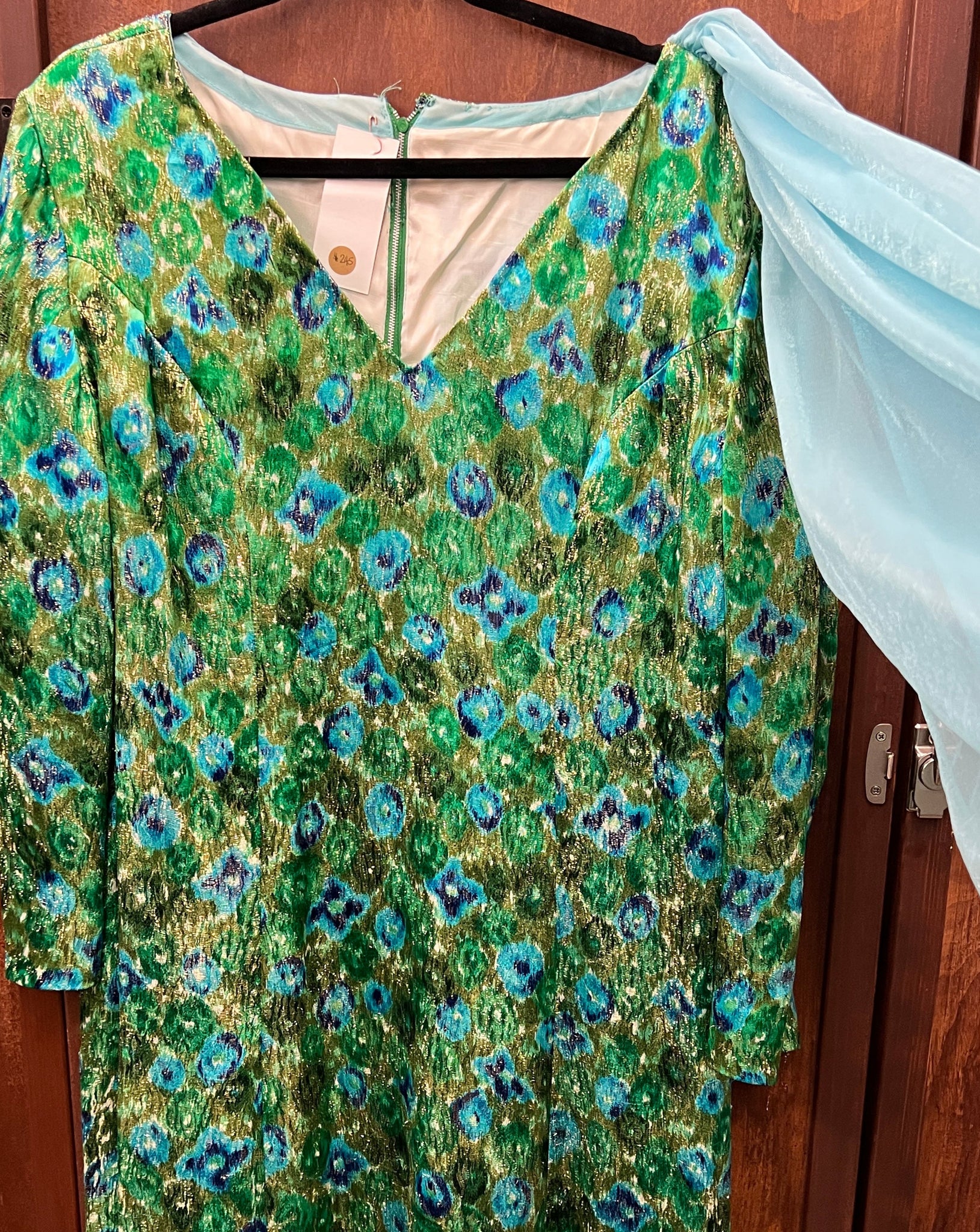 1960S DRESS- Blue green Lame maxi v-neck gown w/ sheer scarf