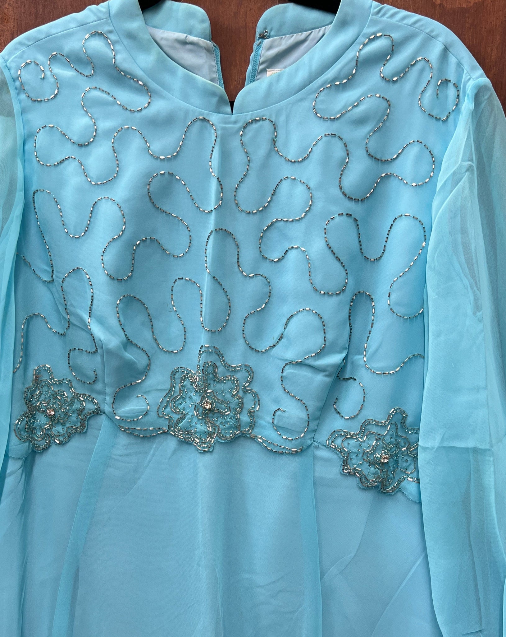 1960S DRESS- Blue Sheer overlay maxi gown w/ silver sequins