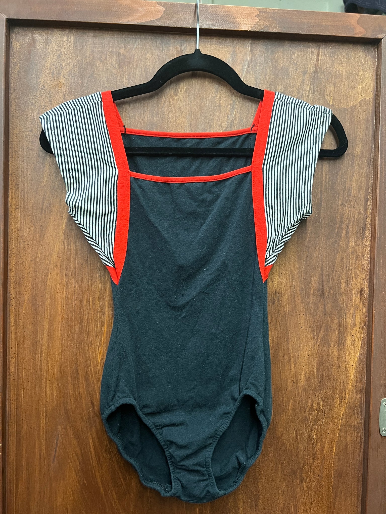 1980s CIRCUS- Bodysuit- black with striped sleeves and red edging