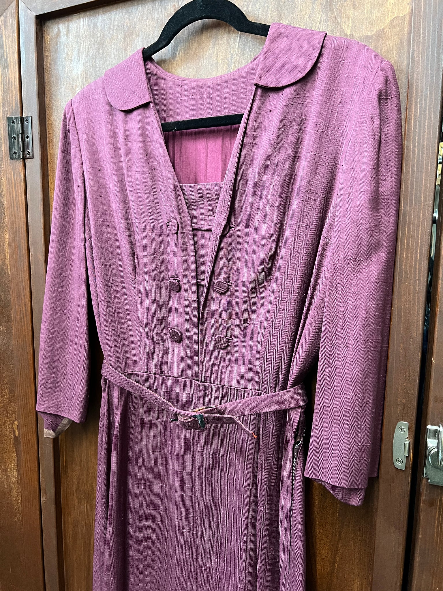 1940s DRESS- Plum silk double buttonfront dress w/belt