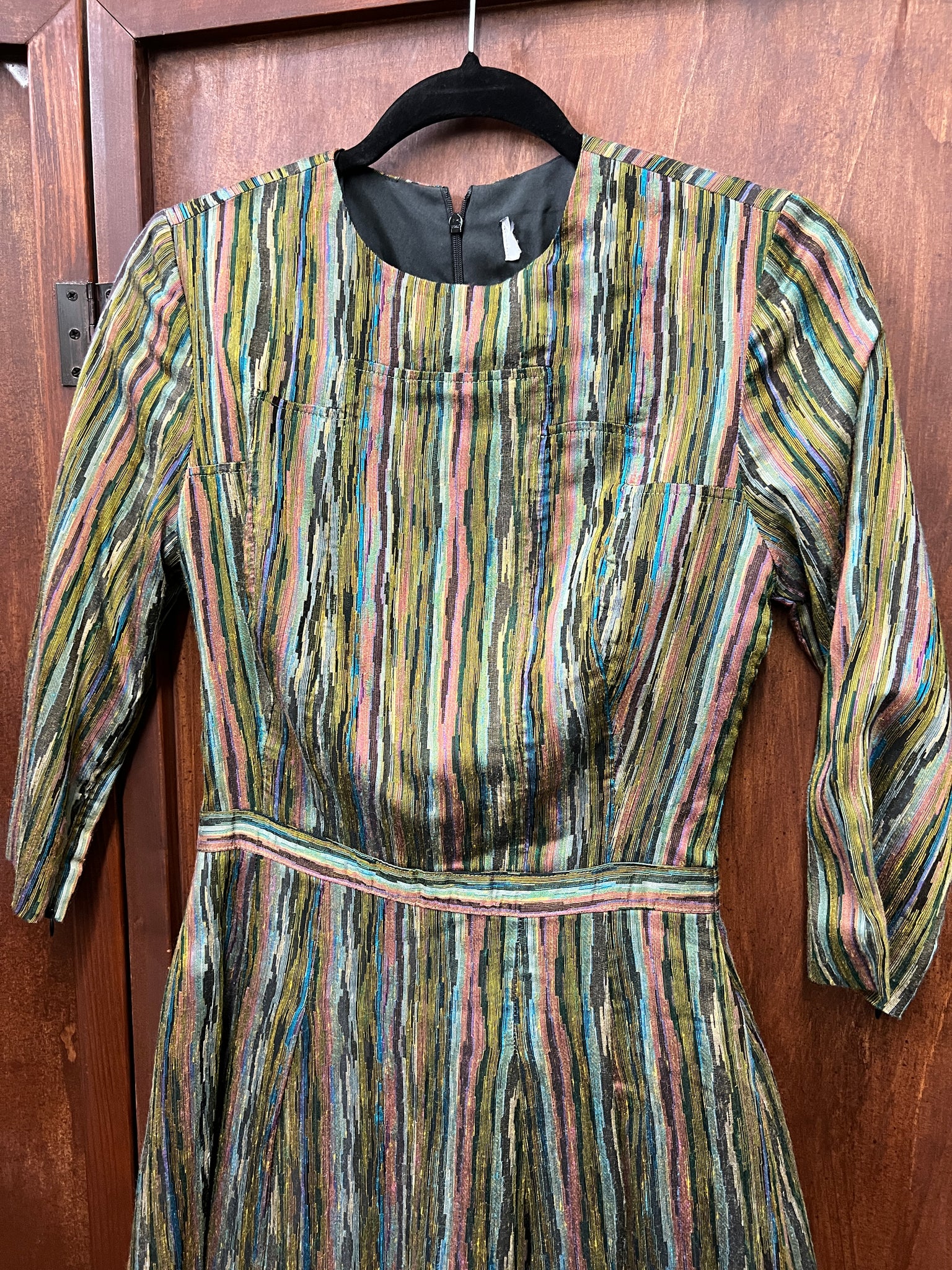 1980s DRESS- 1950s style woven silk dress woodgrain