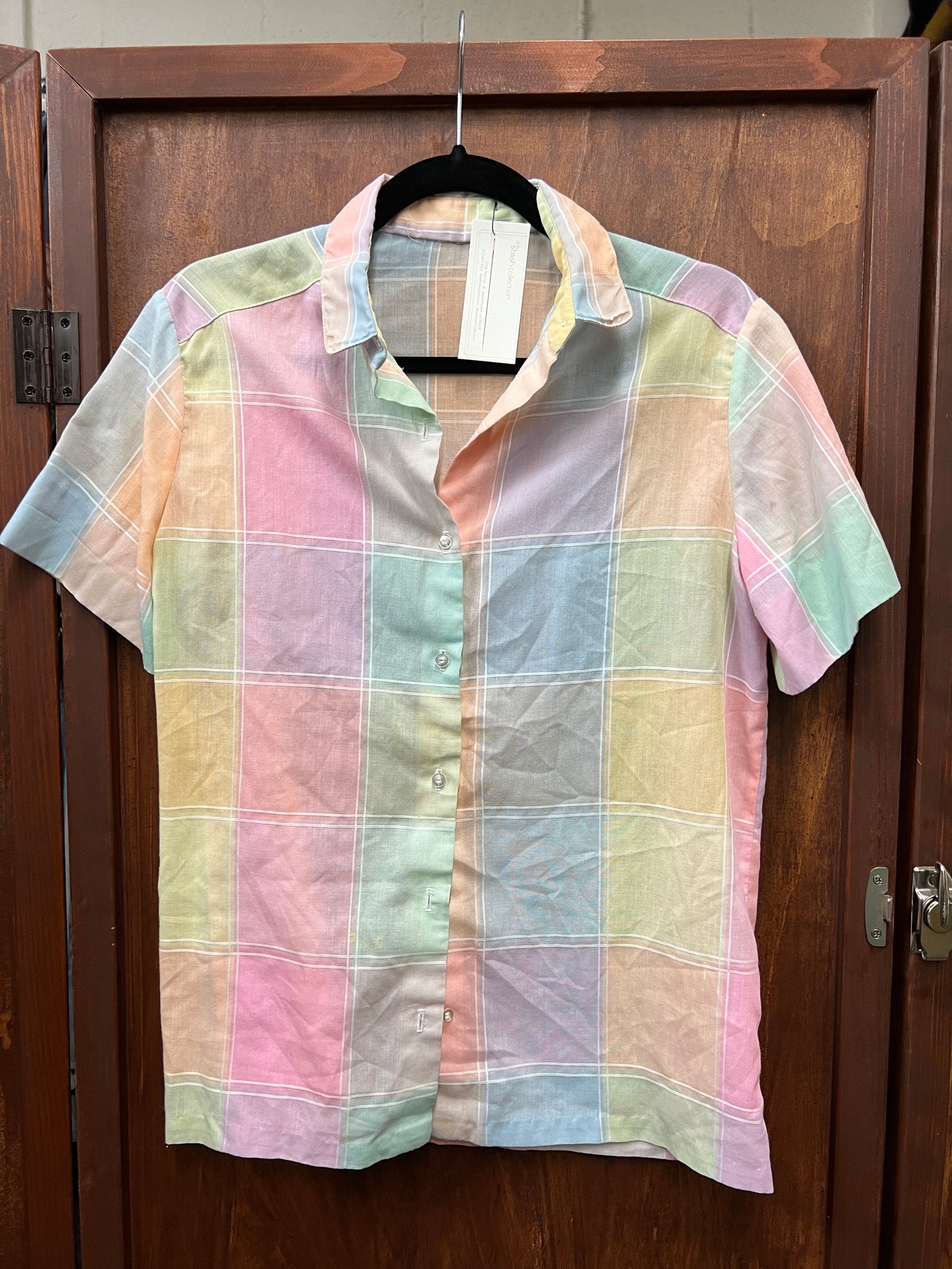 1980s TOP- Pastel large checked buttondown s/s