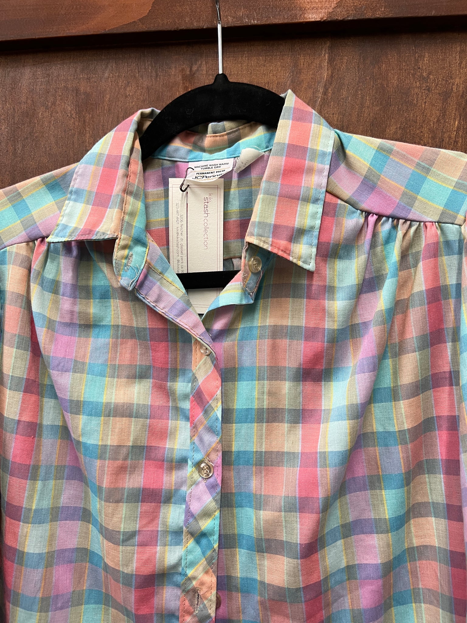 1980s TOP- JC Penny plaid puff 3/4 sleeve