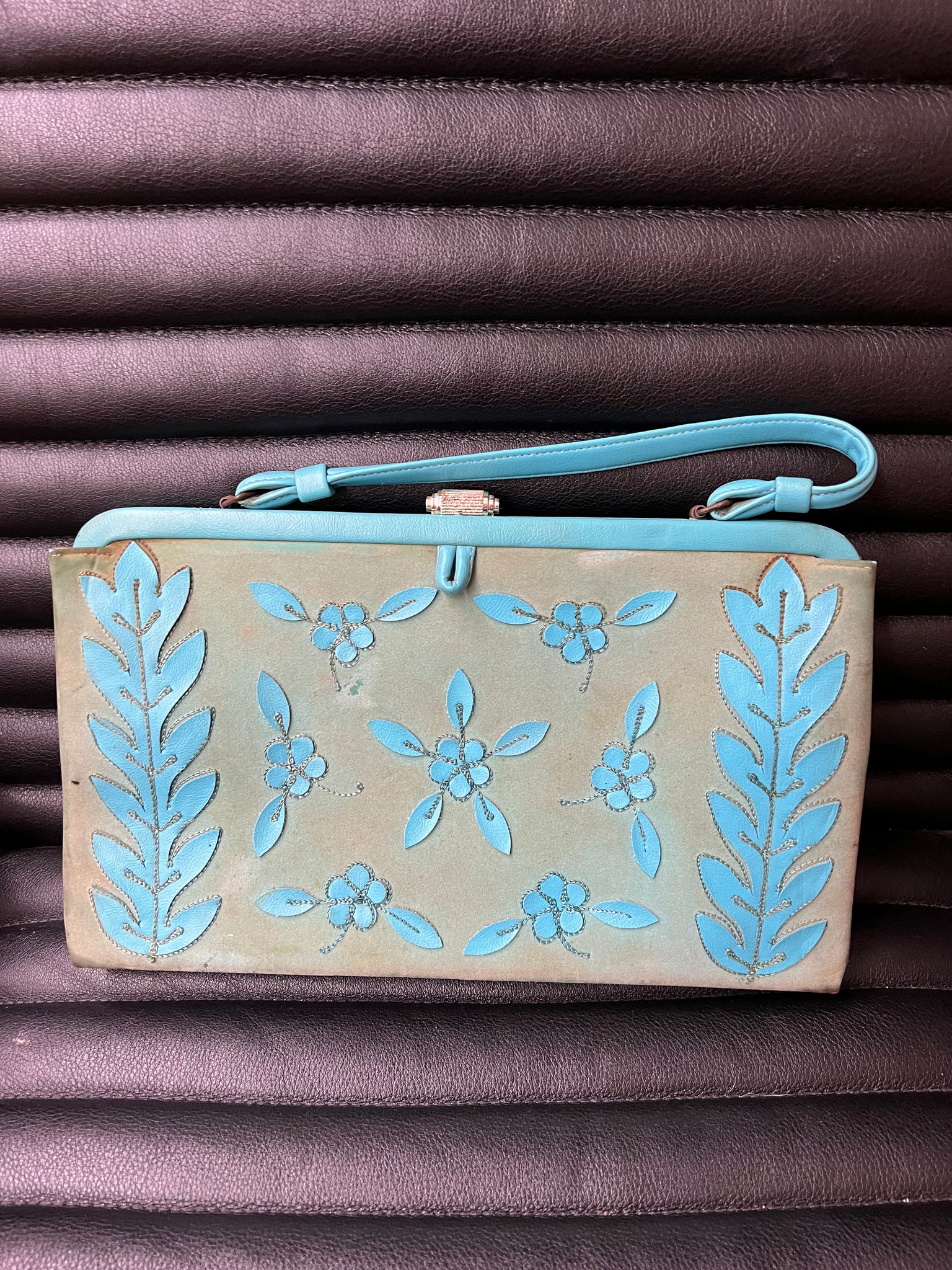 1960s ACCESSORIES-PURSE-long turquoise appliqué